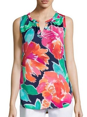 Liz Claiborne Sleeveless Ruffle Blouse
Size PL New Navy Floral
